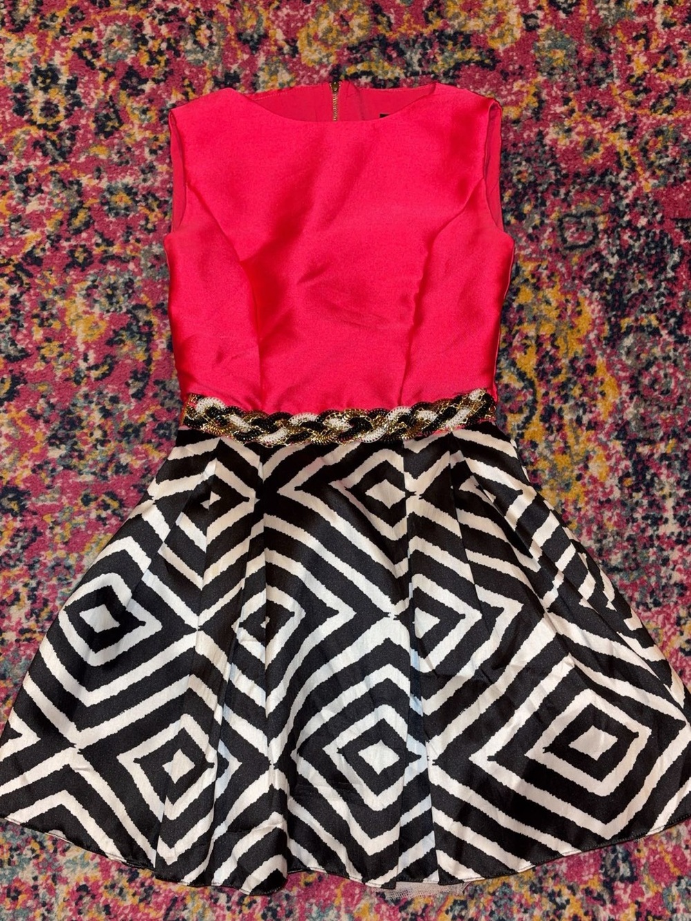 MacDuggal Hot Pink Bodice with Black and White Geometric Skirt